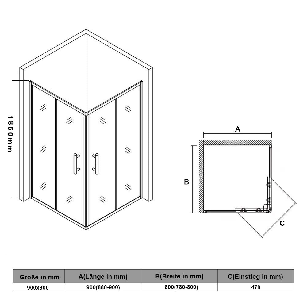 SONNI Shower Cubicle 80 x 80 x 185 cm, Corner Entry, Shower Enclosure, Double Sliding Door, Real Glass