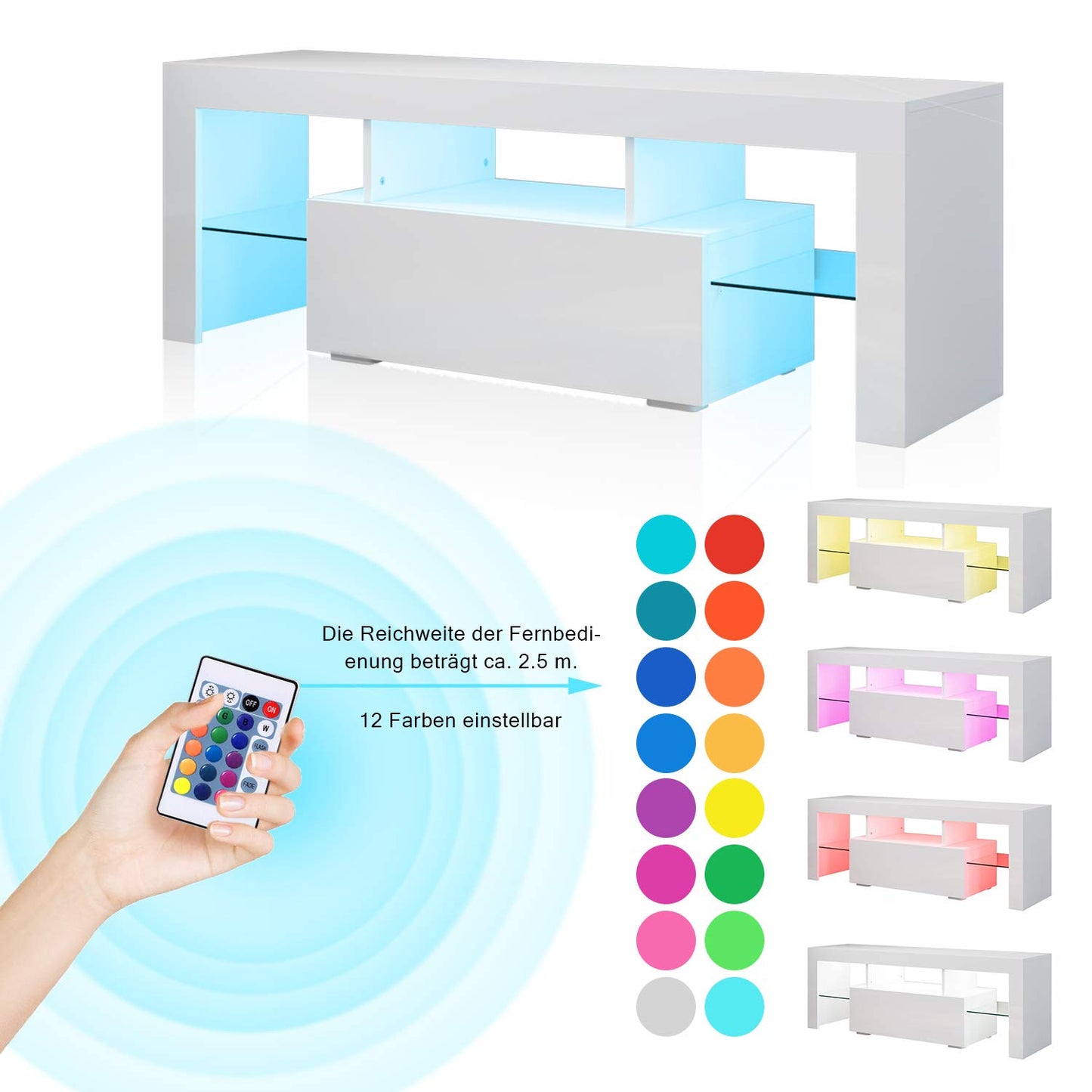 SONNI Modern TV Cabinet 180 cm, Lowboard High Gloss White with 16 Colours LED Lighting, Drawer, Open Glass Shelves, TV Stand for TVs up to 65 Inches, Living Room & Bedroom, 180 x 35 x 45 cm