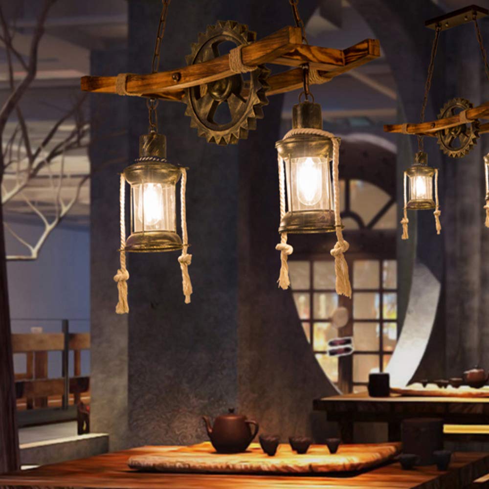 E27 Industrieller Retro Pendelleuchte Massivem Holz Esstisch Lamp Antike Getriebeleuchten Wohnzimmer Kronleuchter Höhenverstellbare Schlafzimmer Hängelampe Bar Dekoration Deckenleuchten (3 Flamme)