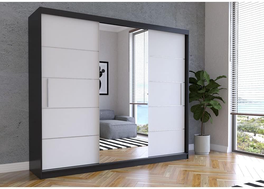 Fabryka Mebli Idźczak Kleiderschrank mit Spiegel, Schiebetüren - Weißer Schwebetürenschrank, Schlafzimmerschrank - 61 x 250 x 218 cm - Schrank für Schlafzimmer, Wohnzimmer, Garderobe