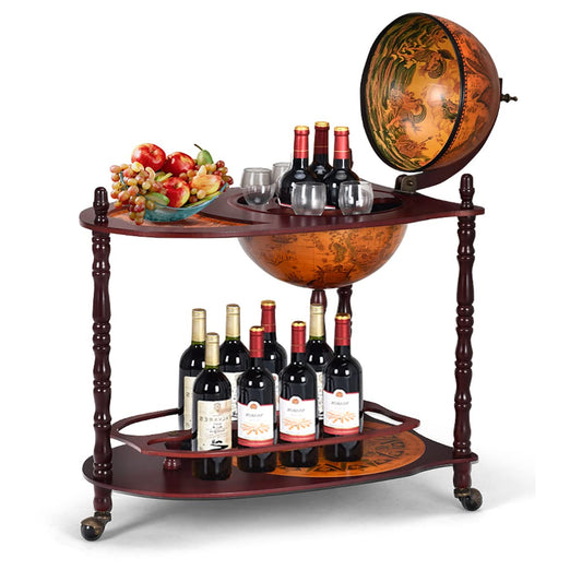 RELAX4LIFE Globe Bar on Wheels, Bar Trolley with World Globe, Bar Table Solid Wood, Serving Trolley with Wine Bottle Holder, Mobile Cocktail Bar, Antique Look, Decorative Mini Bar Serving Table