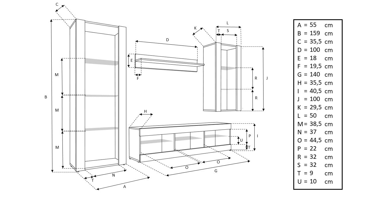 Komodee Tivoli Medio Living Room Wall Unit White / White Width 245 cm x Height 159 cm x Depth 35 cm LED Blue for Living Room Bedroom
