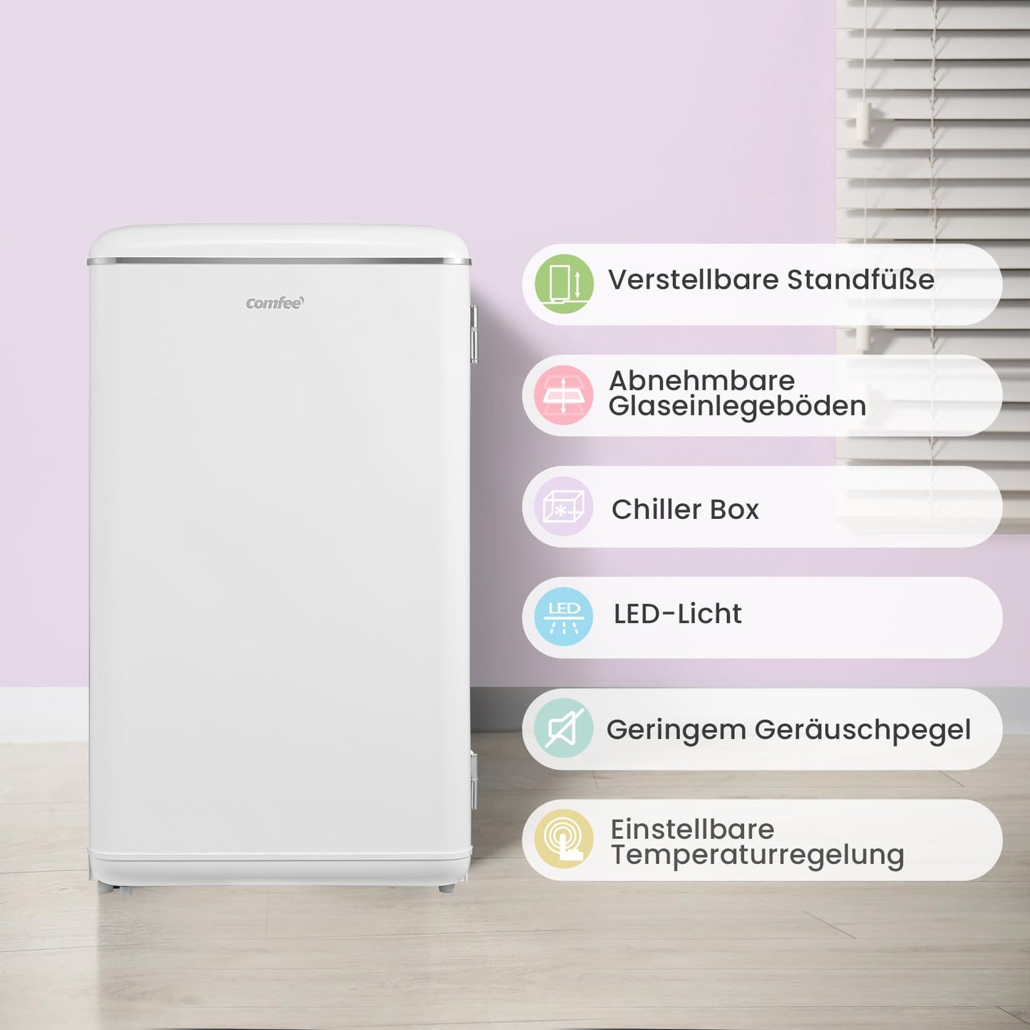 Comfee' RCD93RE2EURT(E) Kühlschrank Klein, 93 Liter Retro Kühlschrank, Mini kühlschrank mit verstellbare Thermostat, Silent, geeignet für Zuhause, Büro und Hotel, Rot