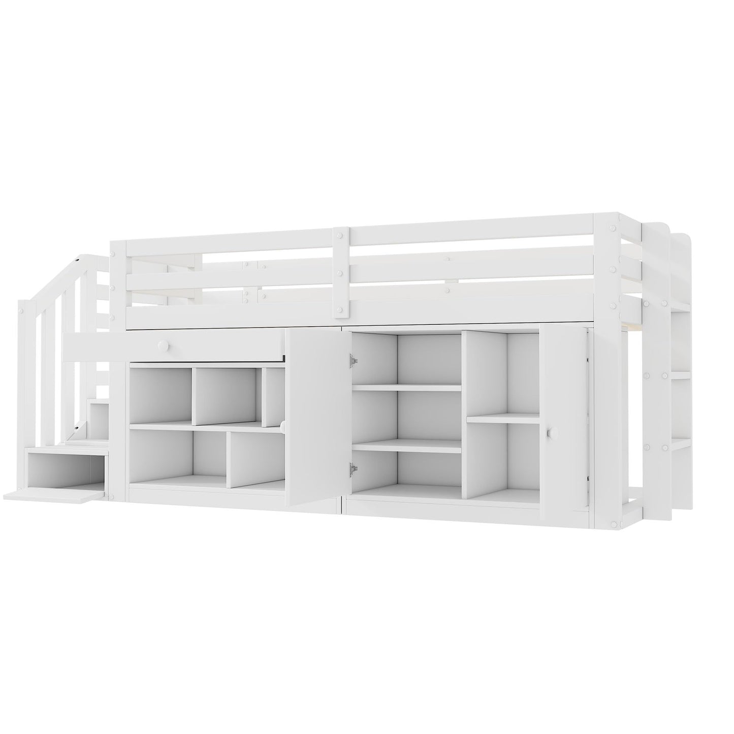 Merax Kinderbett 90x200 cm aus Holz, Multifunktionales Hochbett mit austauschbarer Treppe & Stauraum, Schubladen als Schreibtisch nutzbar, Weiß (Ohne Matratze)