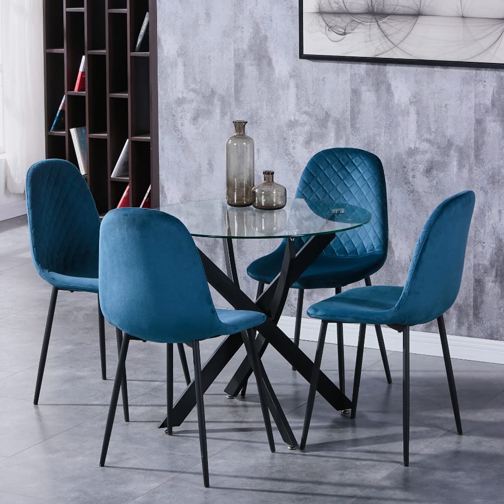 GOLDFAN Dining Table with 4 Chairs Dining Table Round Glass Kitchen Table Dining Room Chair Velvet 80 cm Green