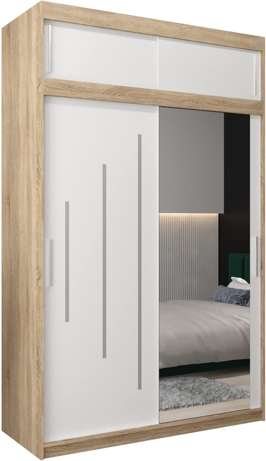 MEBLE KRYSPOL Kleiderschrank mit Spiegel York 2 - Garderobenschrank - Schrank Schlafzimmer - Mehrzweckschrank Zwei Schiebetüren - Regalen - Flur Möbel - Kleiderstange Schrank - Allzweckschrank