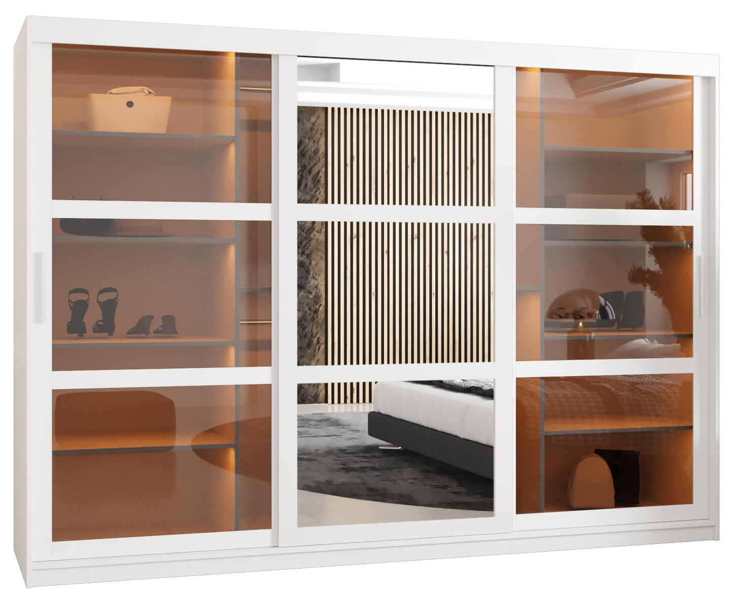 MEBLE KRYSPOL Dome 2 Schrank mit DREI Schiebetüren mit Spiegel, Stangen und Regalen - Aufbewahrungsschrank mit Rauchglas für Schlafzimmer, Wohnzimmer - 200x250x62cm - Schwarz, Schwarz, Schwarz
