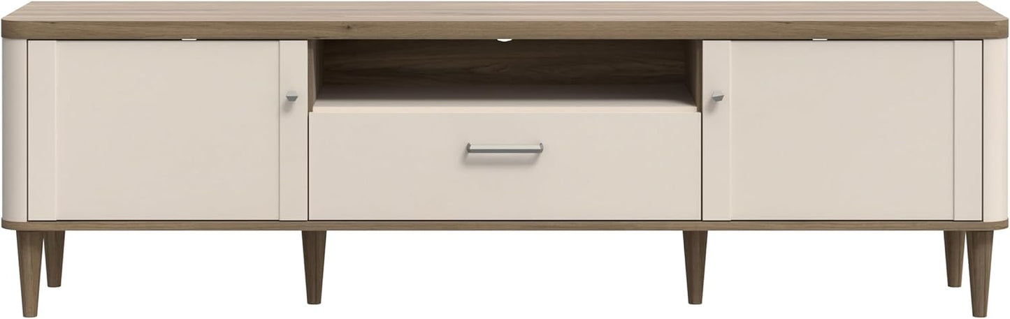 Forte Lacetti TV Cabinet 180, Modern Lowboard, Scandi Slats Design, 2 Doors, 1 Drawer, Wood Composite, Cashmere, Beige, Valencia Oak Wood Decor, 179.8 cm Wide x 53.3 cm High x 41.2 cm Deep