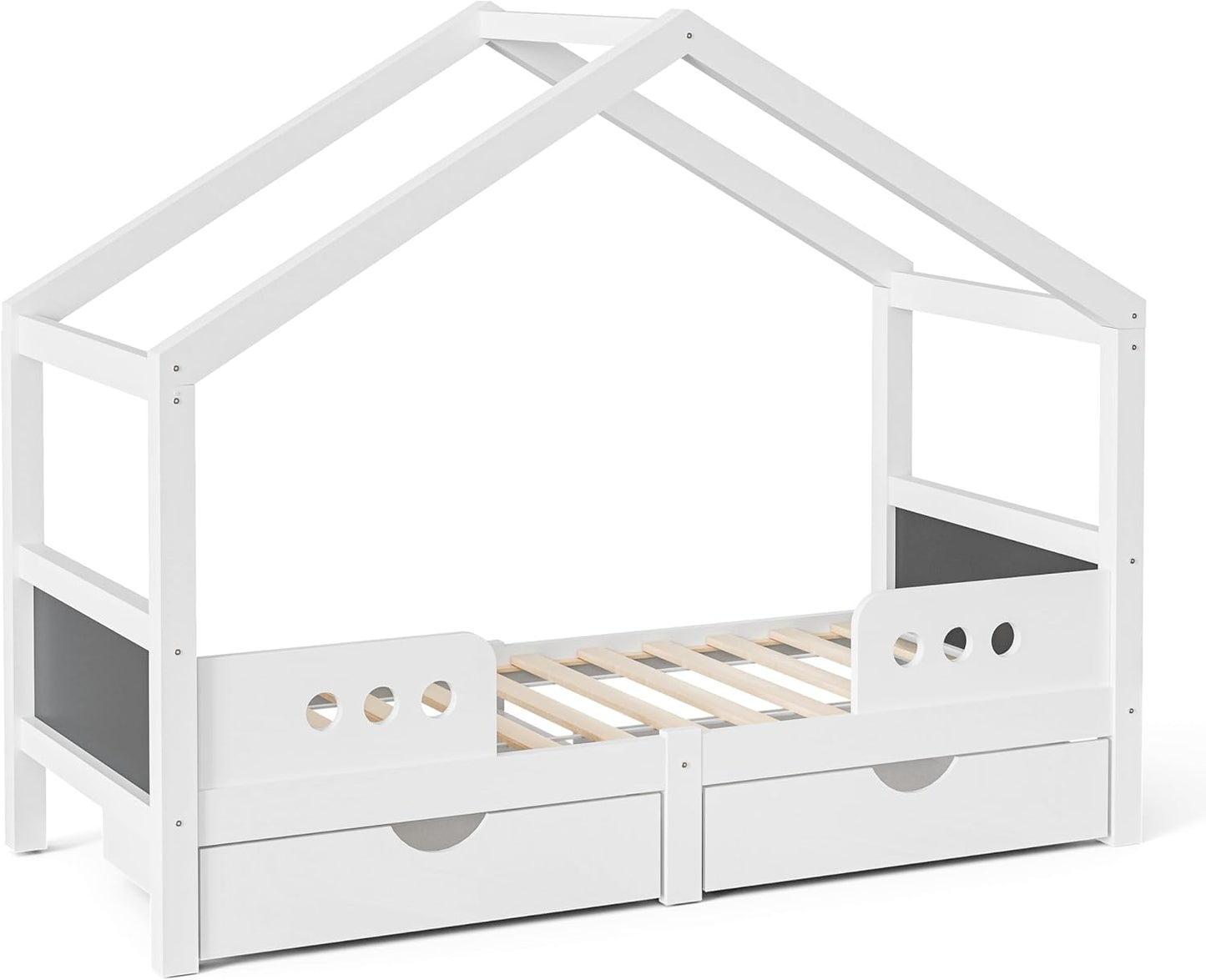 Merax Children's Bed 90 x 200 cm with Fall Protection, Children's House Bed with Drawers and Storage Shelf, Sturdy Wooden Tree House Bed with Slatted Frame, Play Bed for Boys and Girls, White