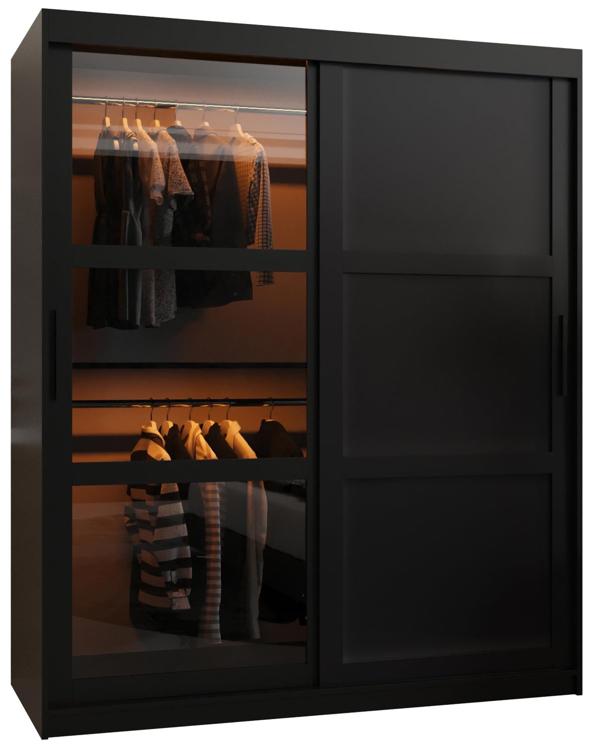 MEBLE KRYSPOL Dome 2 Schrank mit DREI Schiebetüren mit Spiegel, Stangen und Regalen - Aufbewahrungsschrank mit Rauchglas für Schlafzimmer, Wohnzimmer - 200x250x62cm - Schwarz, Schwarz, Schwarz