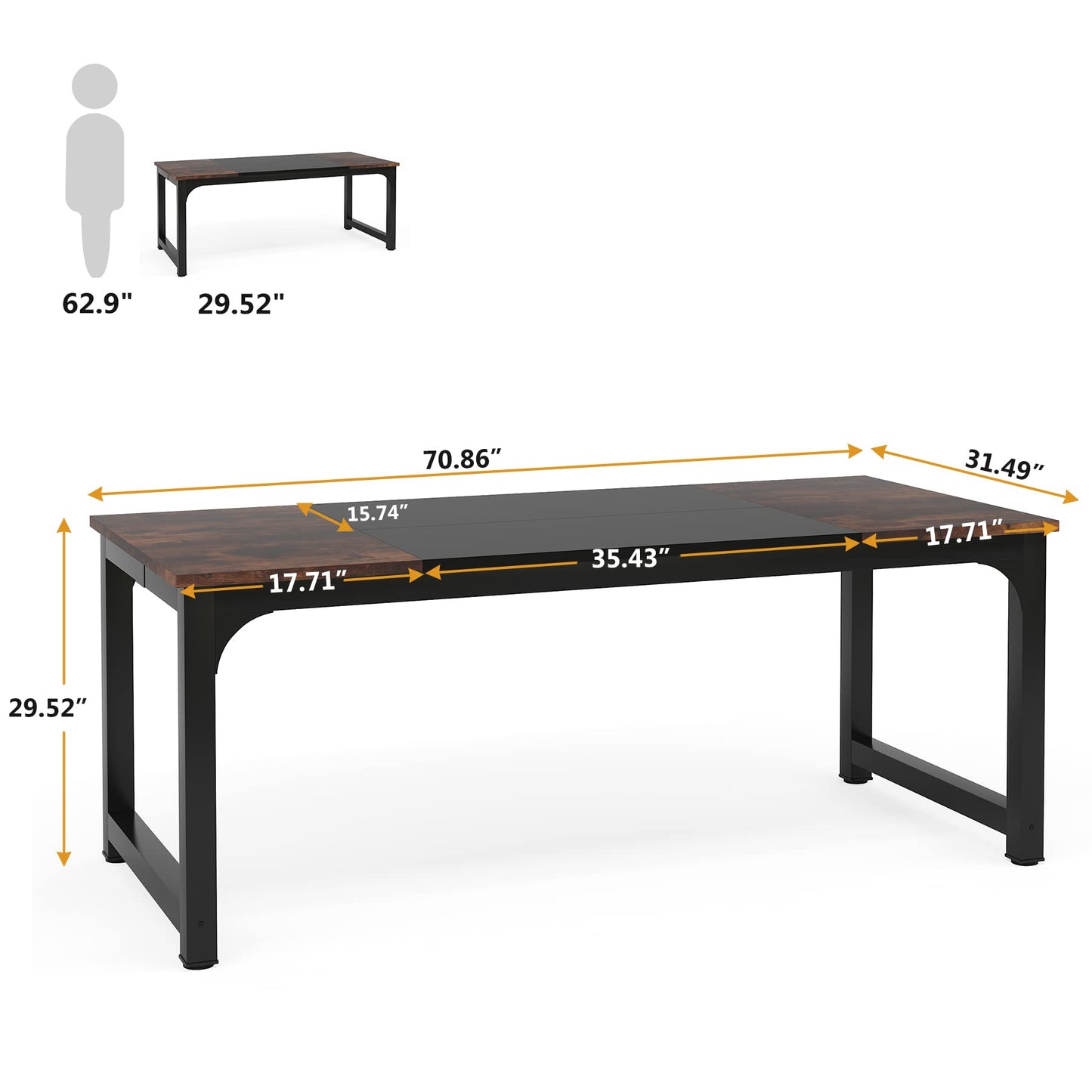 Tribesigns Schreibtisch Computertisch, PC Tisch Bürotisch Arbeitstisch Esstisch in Schwarz für Home Office zu Hause Schreibtische, Konferenztisch (Rustikales Braun/Schwarz, 180 x 80 x 75 cm)