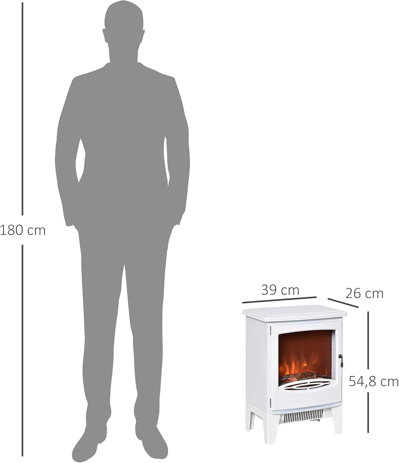 HOMCOM LED Electric Fireplace Standing Fireplace with Flame Effect 900/1800 W Metal ABS Plastic Glass White 39 x 26 x 54.8 cm