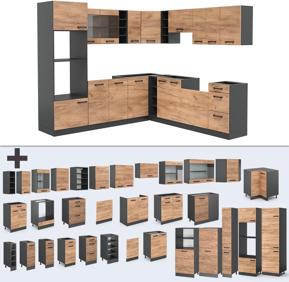 Vicco R-Line Fitted Kitchen Cabinets Anthracite Kitchen Furniture (Anthracite / White High Gloss, Corner 247 x 237 cm)