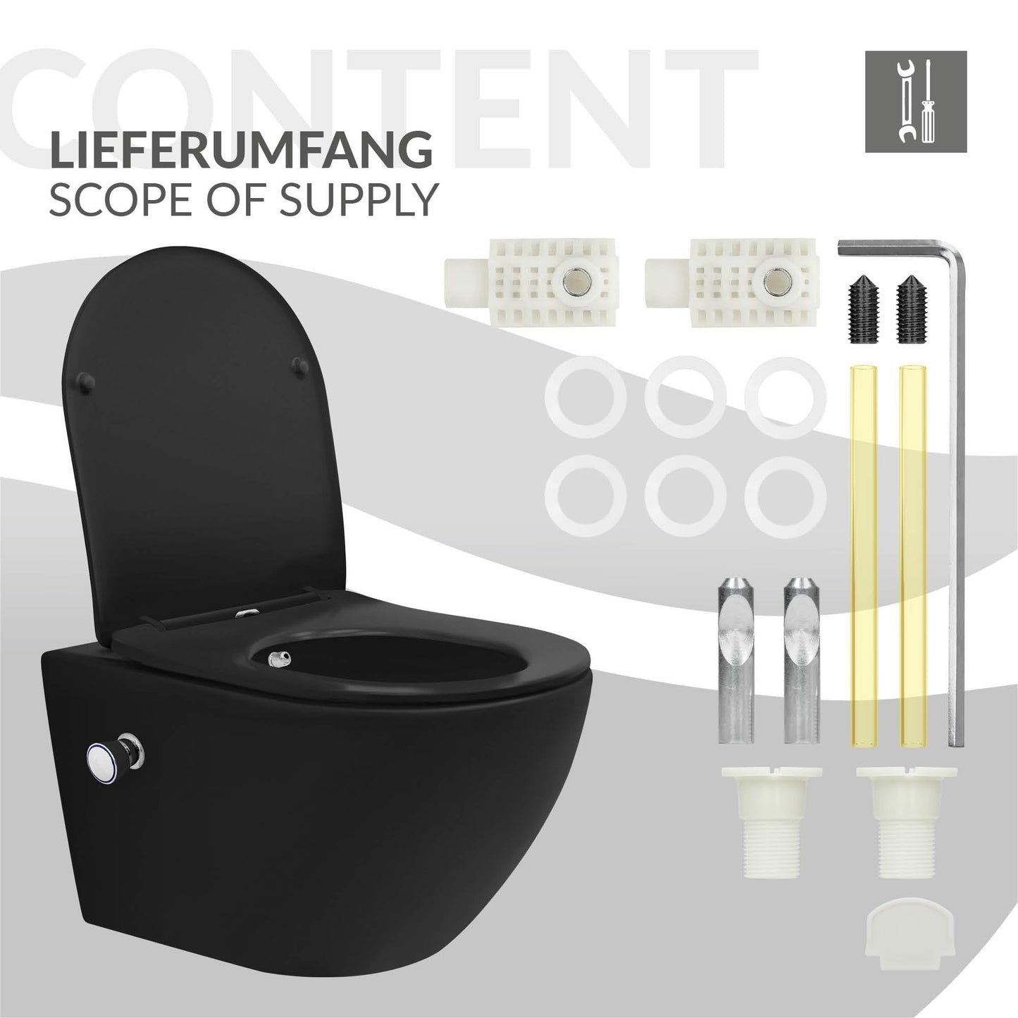 LuxeBath Wall-Mounted Toilet Rimless with Bidet Function, White, Deep Washdown Ceramic Hanging Toilet, Long 53.5 cm, Shower Toilet Nano Coating, Tornado Flush, Shiny Toilet Bowl Hanging with Toilet