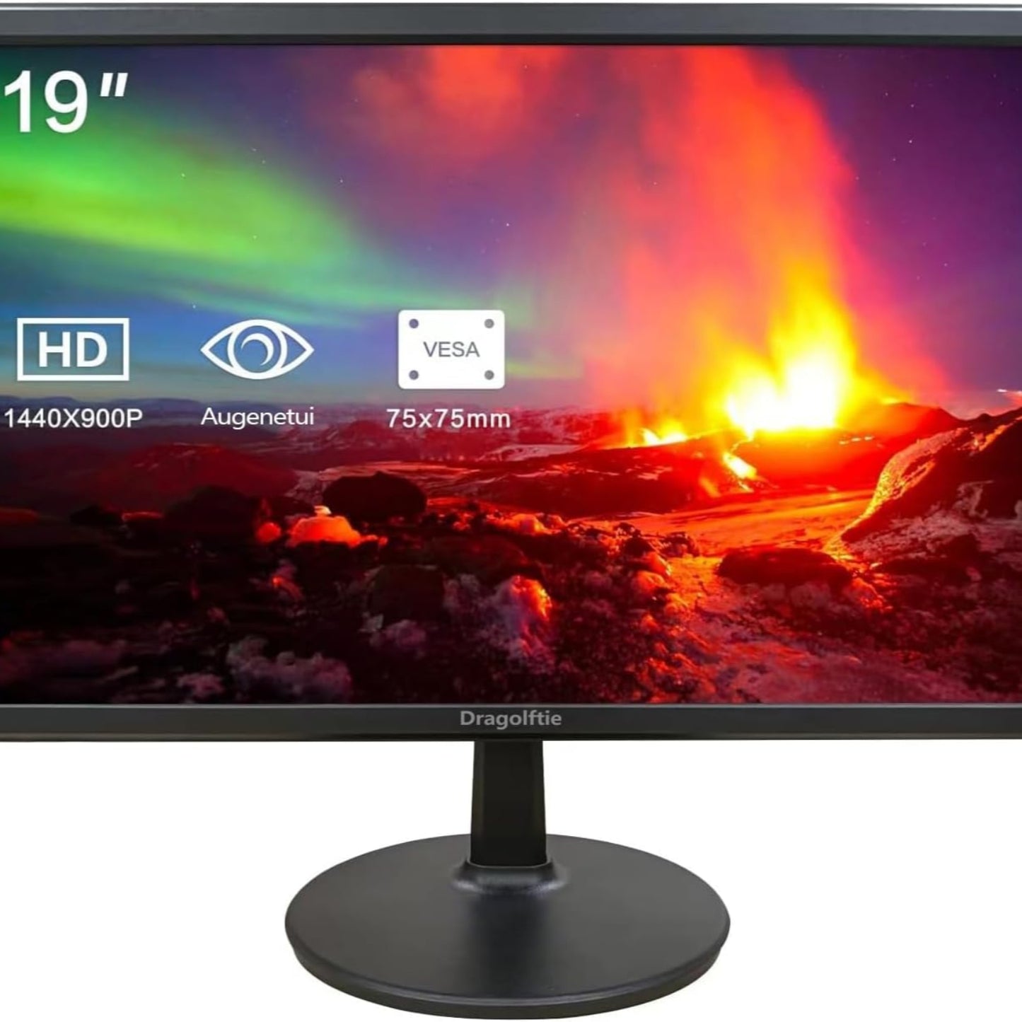 Dragolftie 19 Inch PC Monitor 1440 x 900, Two Built-in Speakers, 60Hz, 5ms, Computer Screen with Low Blue Light Desktop Monitors, HDMI, VGA, VESA Mountable Business Screen, Black