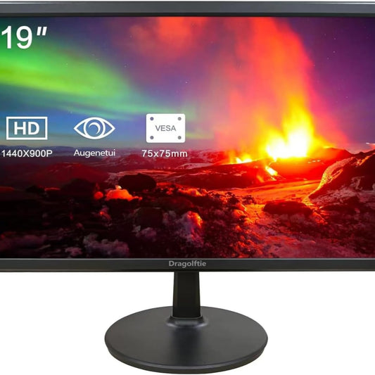 Dragolftie 19 Inch PC Monitor 1440 x 900, Two Built-in Speakers, 60Hz, 5ms, Computer Screen with Low Blue Light Desktop Monitors, HDMI, VGA, VESA Mountable Business Screen, Black