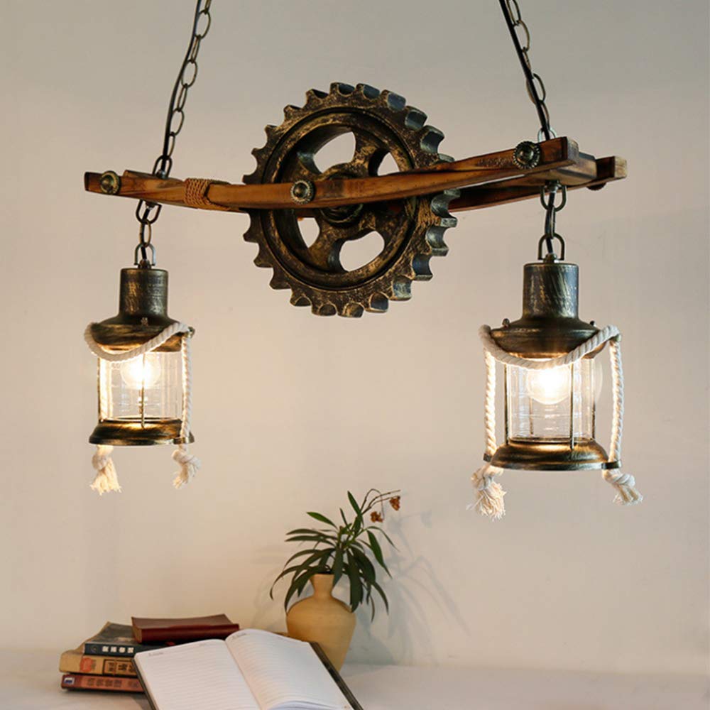 E27 Industrieller Retro Pendelleuchte Massivem Holz Esstisch Lamp Antike Getriebeleuchten Wohnzimmer Kronleuchter Höhenverstellbare Schlafzimmer Hängelampe Bar Dekoration Deckenleuchten (3 Flamme)