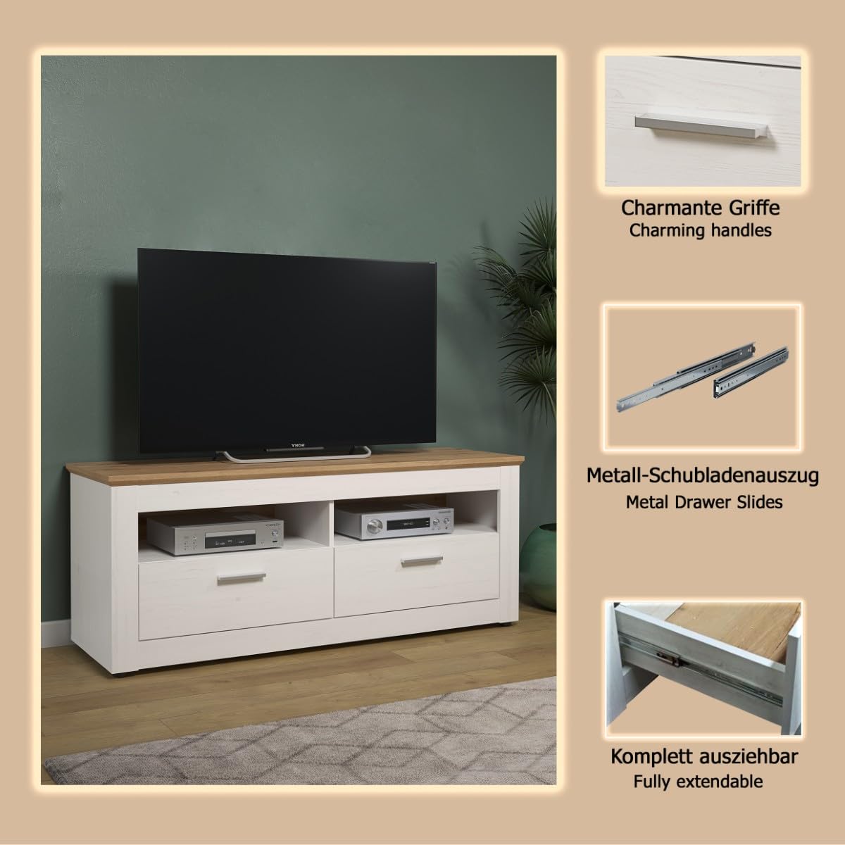 trendteam smart living - Shade - Wohnzimmerkombination - Weiß/Eiche - Vitrine hoch, TV-Unterteil, Wandboard, Vitrine halbhoch - (BxHxT) 368 x 194 x 45 cm - silberfarbene Griffe