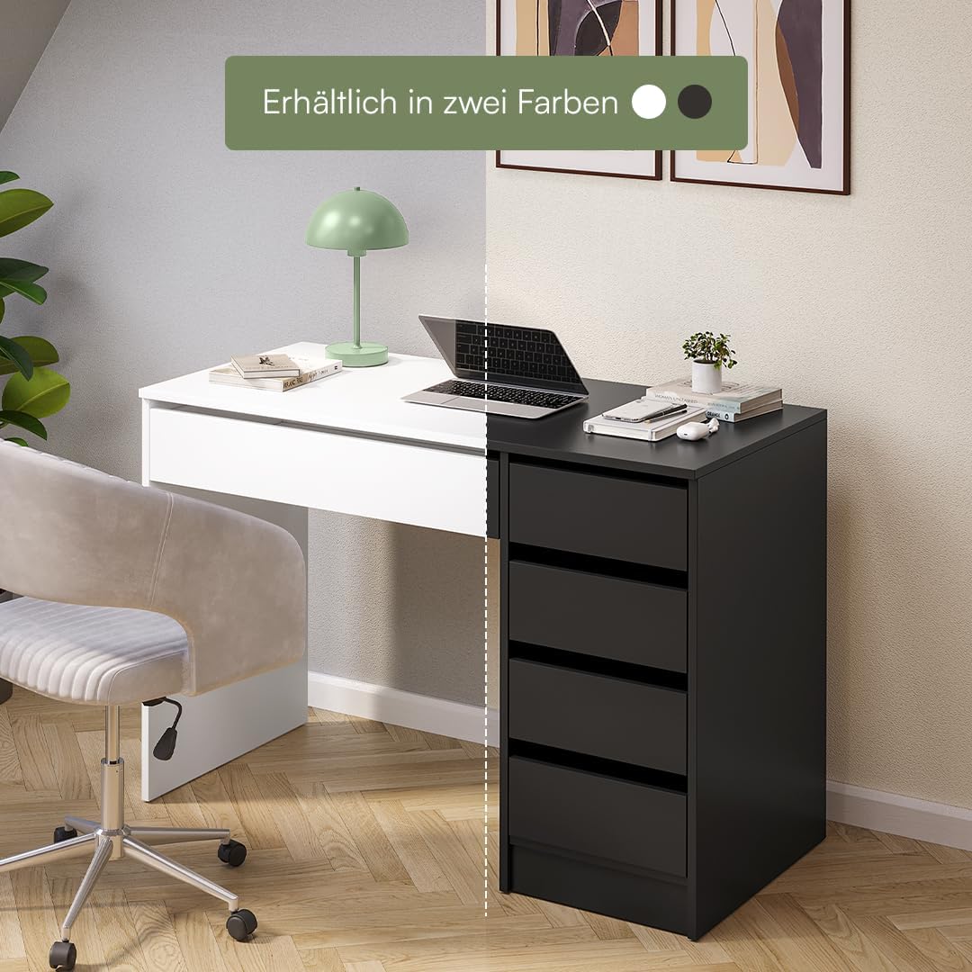 Bellamio Nore Schreibtisch in Schwarz mit 5 Schubladen - Jugendschreibtisch 75x53x110 cm - Schminktisch & Schreibtisch Kombi - Computertisch mit Schubladen beidseitig montierbar – Bürotisch