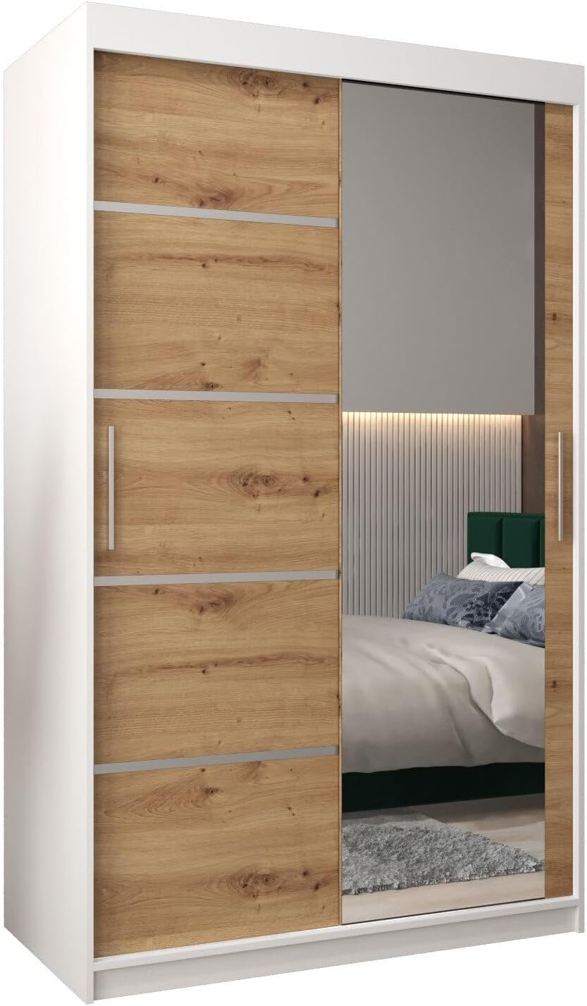 MEBLE KRYSPOL Kleiderschrank mit Spiegel Verona 2 - Garderobenschrank - Schrank Schlafzimmer - Mehrzweckschrank DREI Schiebetüren - Regalen - Flur Möbel - Kleiderstange Schrank - Allzweckschrank