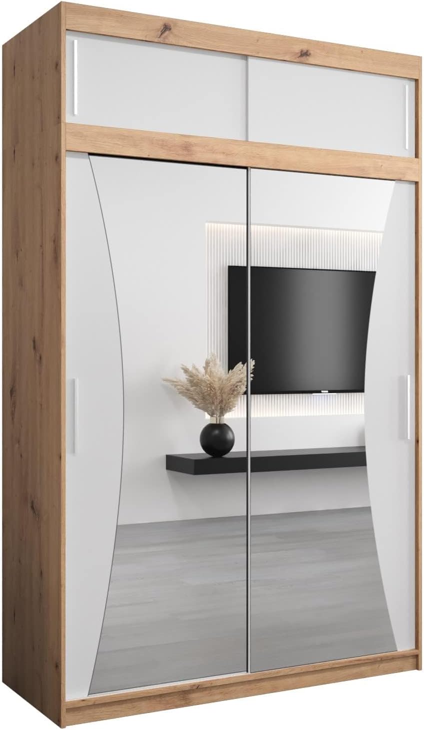 MEBLE KRYSPOL Kleiderschrank mit Spiegel Monaco - Garderobenschrank - Schrank Schlafzimmer - Mehrzweckschrank DREI Schiebetüren - Regalen - Flur Möbel - Kleiderstange Schrank - Allzweckschrank