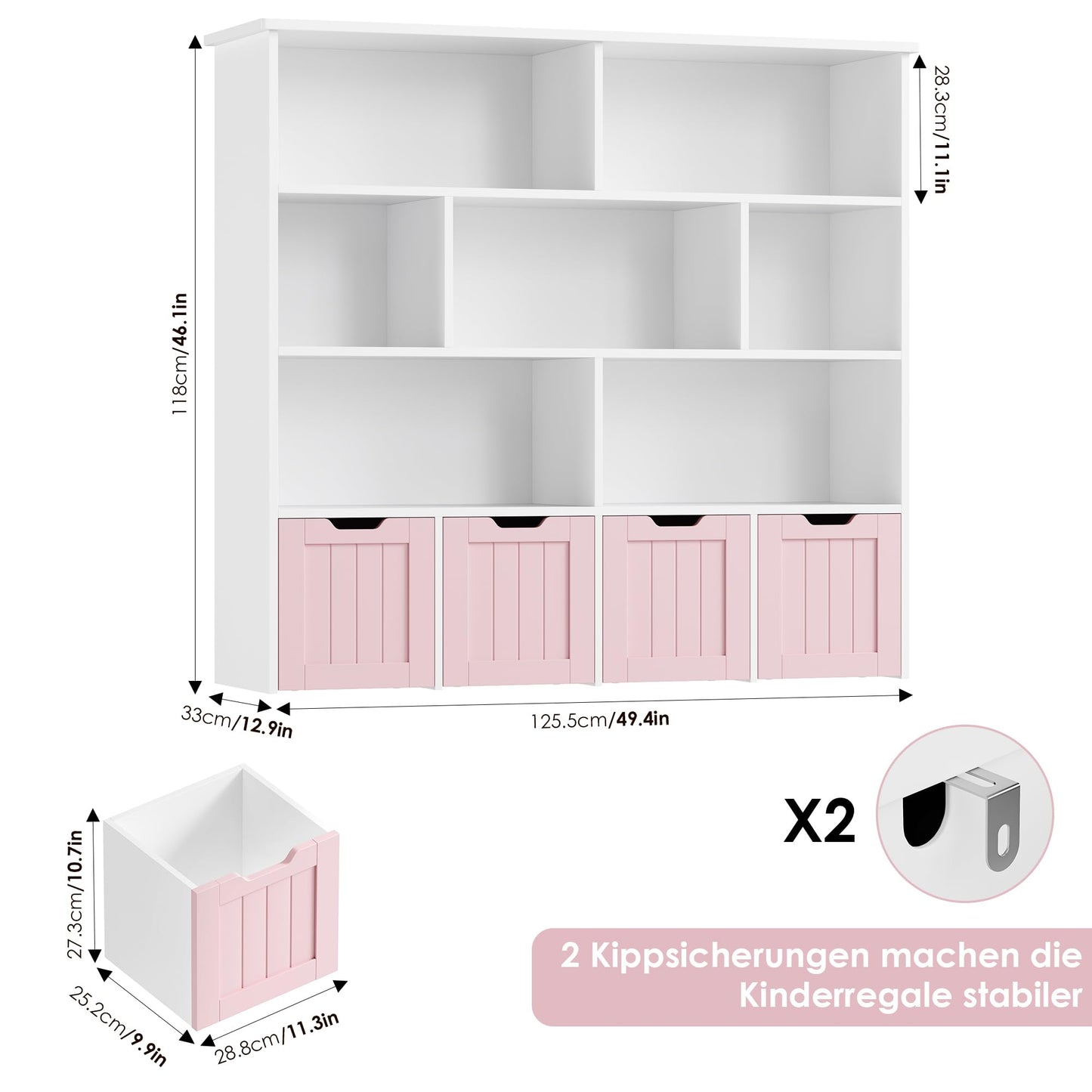 FOREHILL Children's Shelf with Boxes on Wheels, Children's Bookcase with 4 Levels, Children's Room Furniture, Toy Regulator, Storage Shelf, Bookcase for Children, Children's Cabinet, Shelf, White,