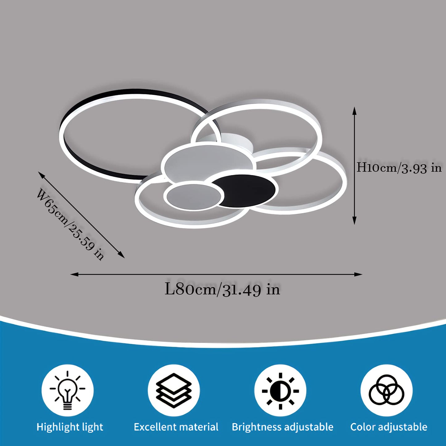 WERSVG L80cm Modern LED Deckenleuchte Wohnzimmer Deckenlampe gold 6-Ring Deckenleuchte 70W 5600LM Dimmbar 3500K - 6500KMit Fernbedienung flurlampe decke, für Wohnzimmer Schlafzimmer Küche Esszimmer