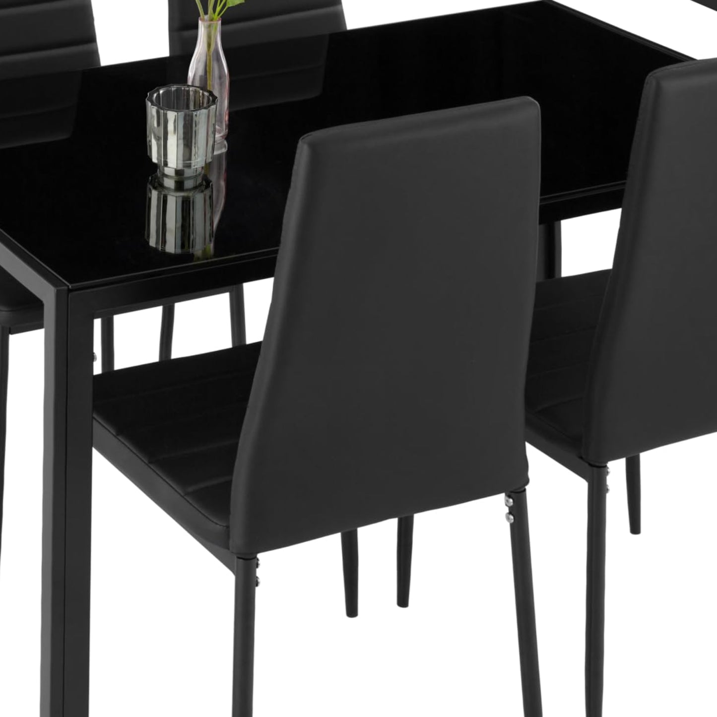 tectake Dining Set Table and Chairs, Dining Table and 4 x Chairs, Durable Faux Leather, Safety Glass Table Top, Modern Kitchen Chairs - Black