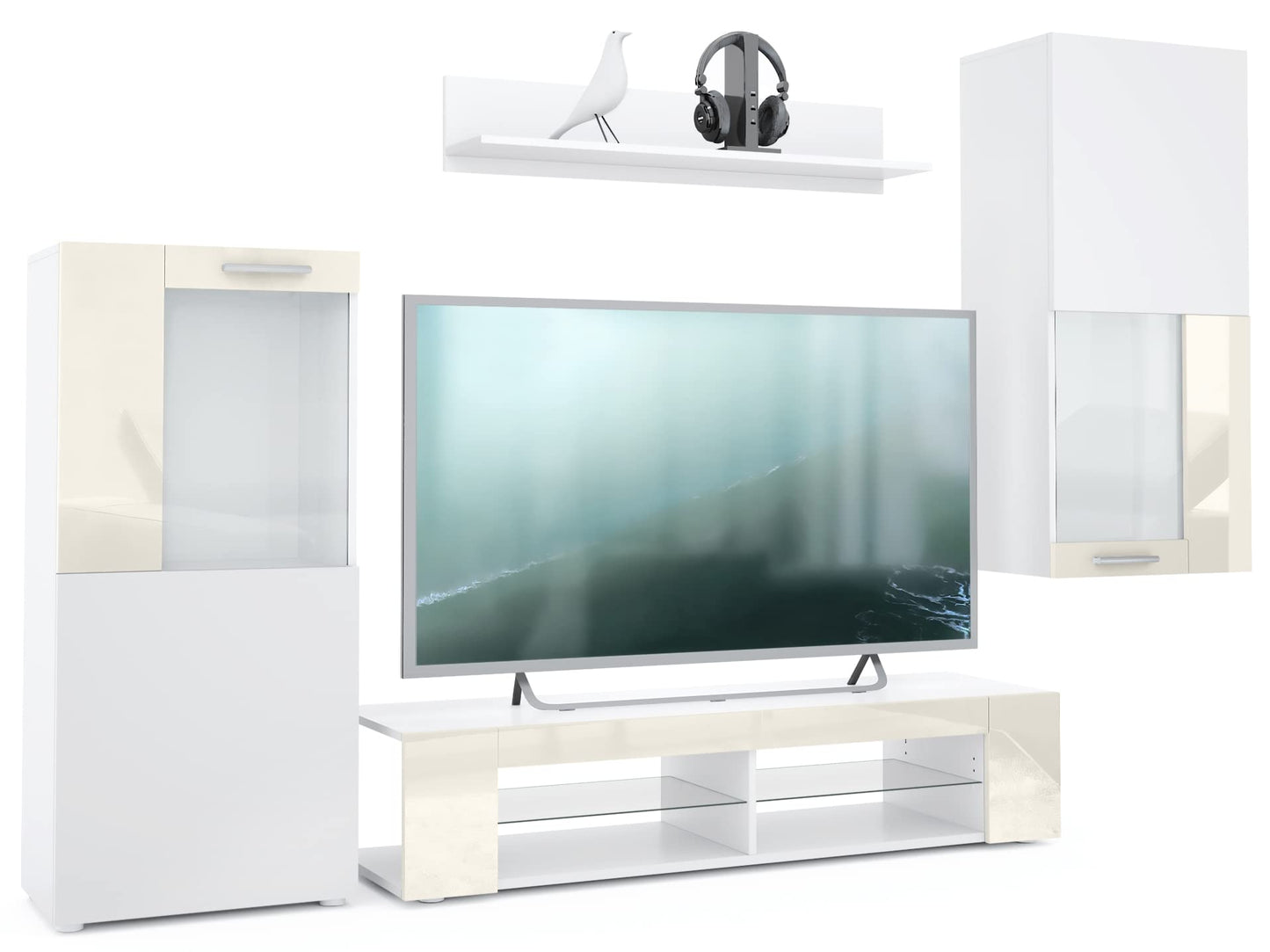 Vladon Wohnwand Movie, Anbauwand bestehend aus 1 TV-Board, 2 Vitrinen und 1 Regal, Weiß matt/Weiß matt/Weiß Hochglanz (Gesamt: 300 x 190 x 39 cm)