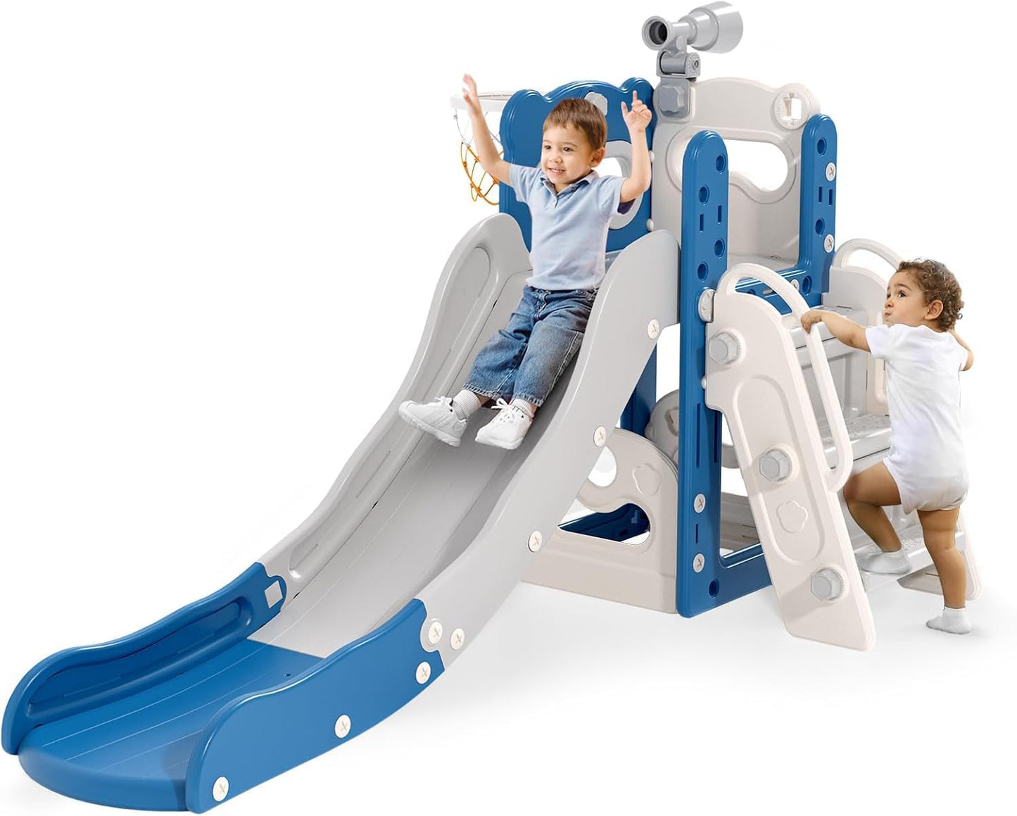 Children's Slide, Large Toddler Slide with Basketball Hoop, Climbing Frame for the Garden, Telescope, Storage Space, for 1-3 Years, Extra Long 1700 mm (7-in-1 Elk Slide Active Model (Khaki)))