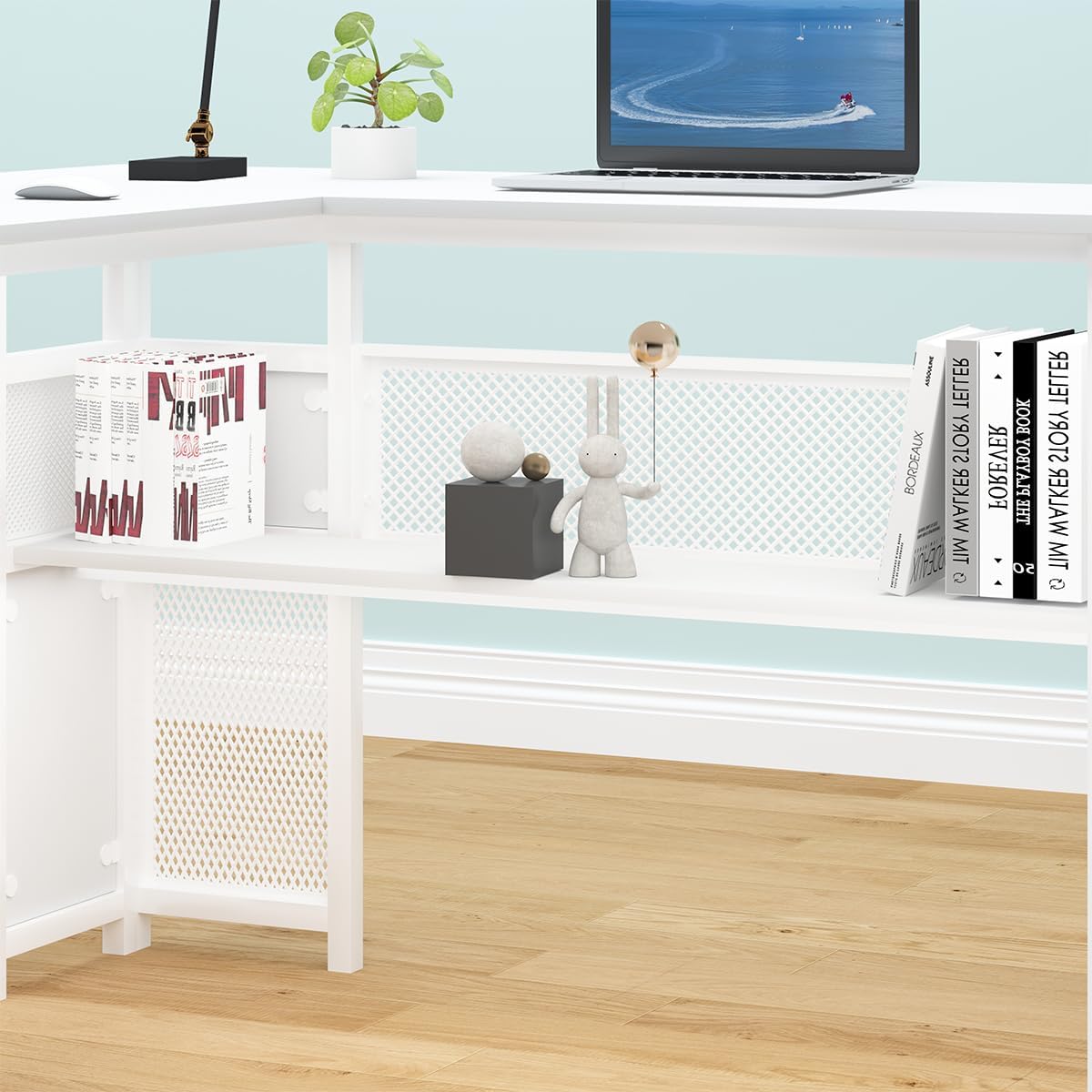 HSH - Black L Shape Corner Desk with Filing Drawers and Shelves, Reversible Corner Desk Made of Metal and Wood with Storage Cabinets