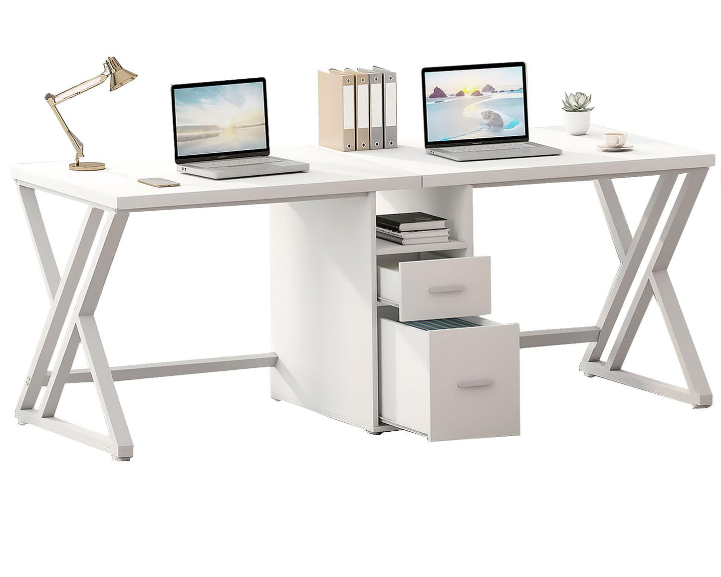 LVB Schwarz Large Double Industrial Computer-Schreibtisch mit Schubladen, Extra Lange Gaming-Tabelle mit Lagerung Schrank Regale, Holz-Metall-Computer-Schreibtisch