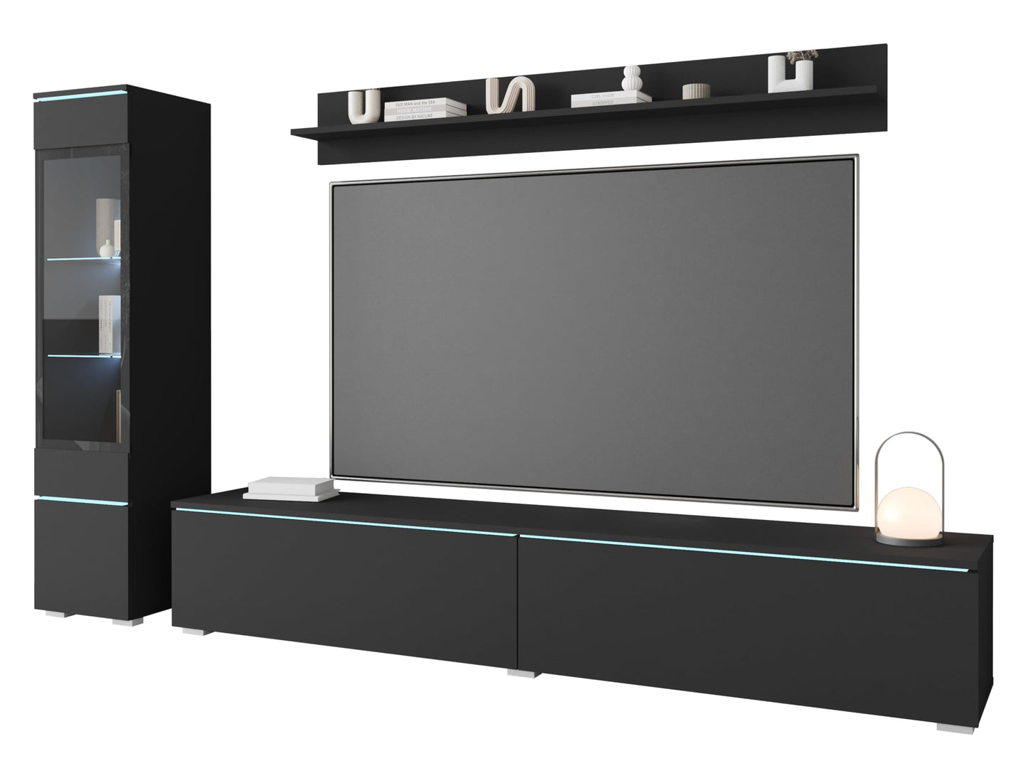 MINIO go for it Veve 2, 4-Piece Wall Unit Set, Hanging or Standing, 2 x Tall Cabinet Display Cabinets, Lowboard, Wall Board, Laminated Clamping Plate, Wotan Oak and Black Gloss, without Lighting
