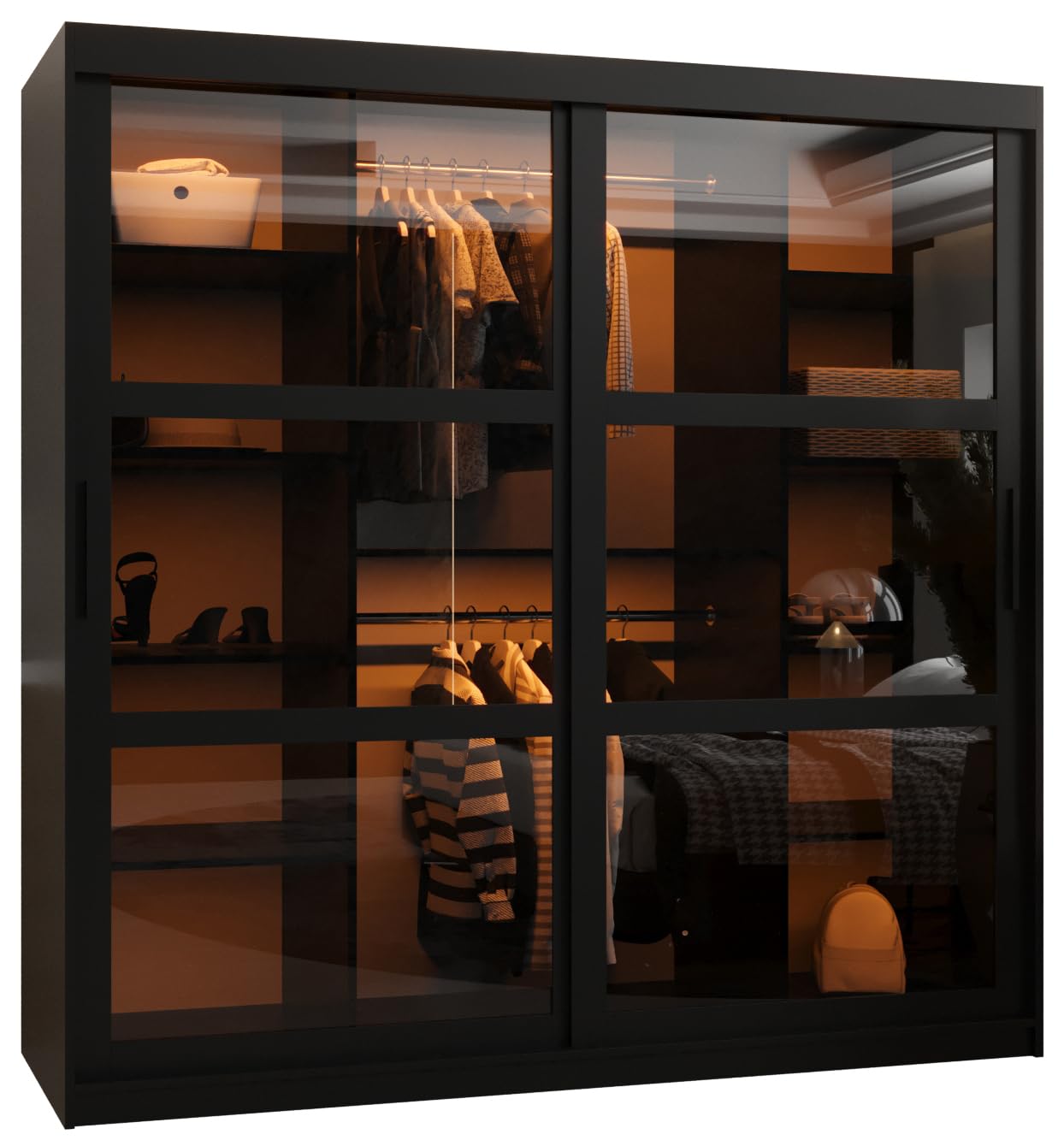 MEBLE KRYSPOL Dome 2 Schrank mit DREI Schiebetüren mit Spiegel, Stangen und Regalen - Aufbewahrungsschrank mit Rauchglas für Schlafzimmer, Wohnzimmer - 200x250x62cm - Schwarz, Schwarz, Schwarz