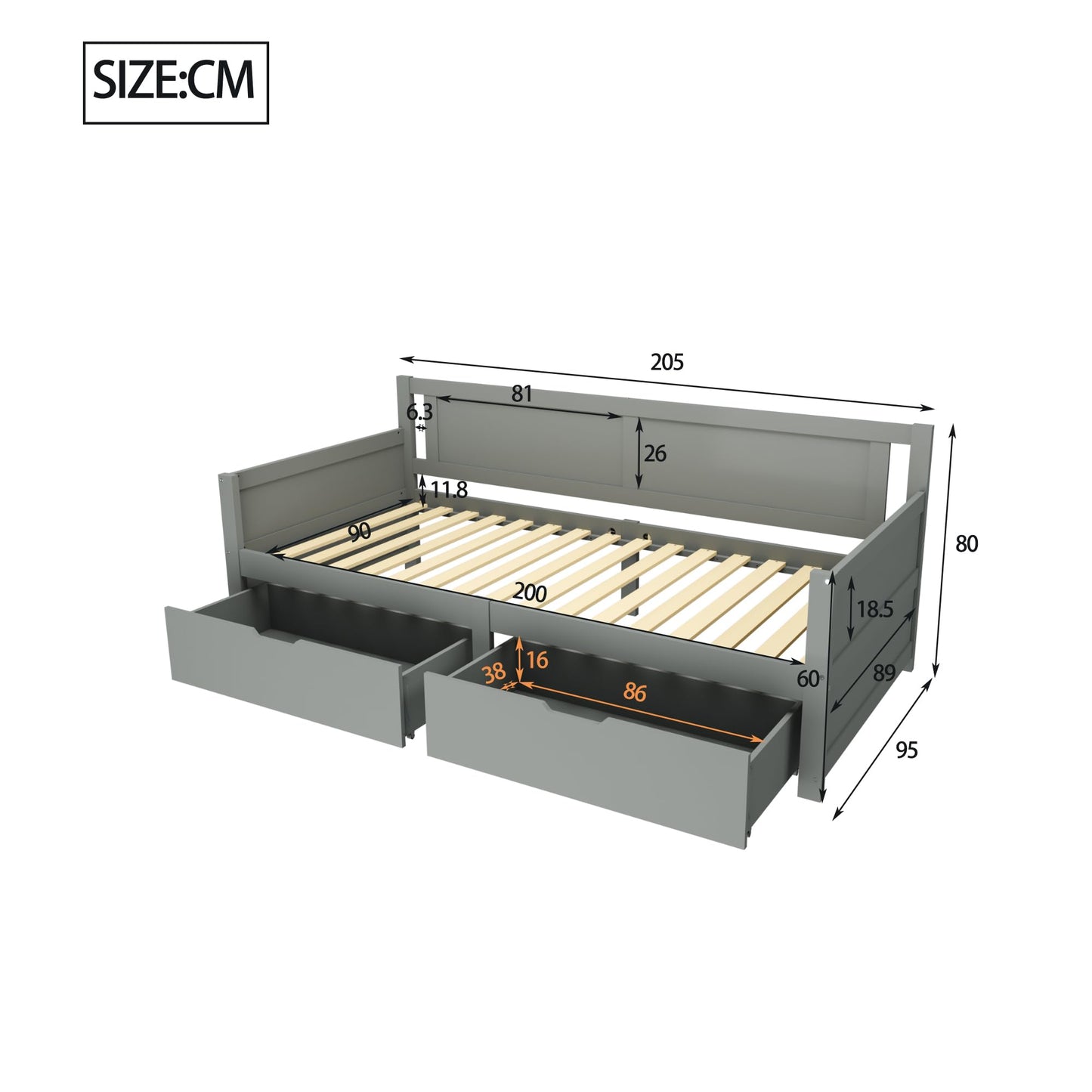 Children's Bed 90 x 200 cm, Wooden Bed with Drawers and Board, Headboard with Bookshelf and Fall Protection, Bed with Slatted Frame and Storage Space, Teenager's Bed, Functional Bed, Wooden Bed Frame,