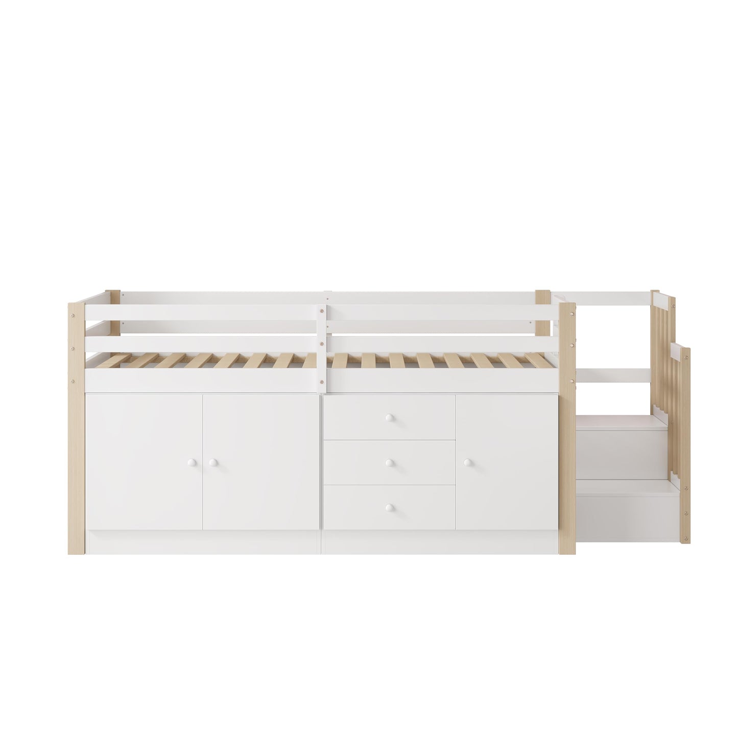 Merax Kinderbett 90x200 cm aus Holz, Multifunktionales Hochbett mit austauschbarer Treppe & Stauraum, Schubladen als Schreibtisch nutzbar, Weiß (Ohne Matratze)
