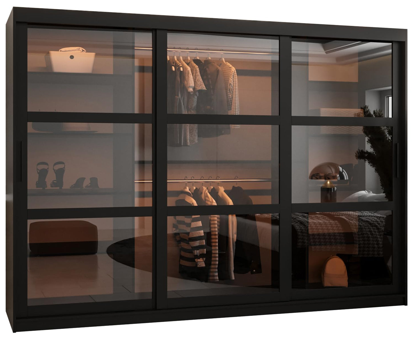 MEBLE KRYSPOL Dome 2 Schrank mit DREI Schiebetüren mit Spiegel, Stangen und Regalen - Aufbewahrungsschrank mit Rauchglas für Schlafzimmer, Wohnzimmer - 200x250x62cm - Schwarz, Schwarz, Schwarz
