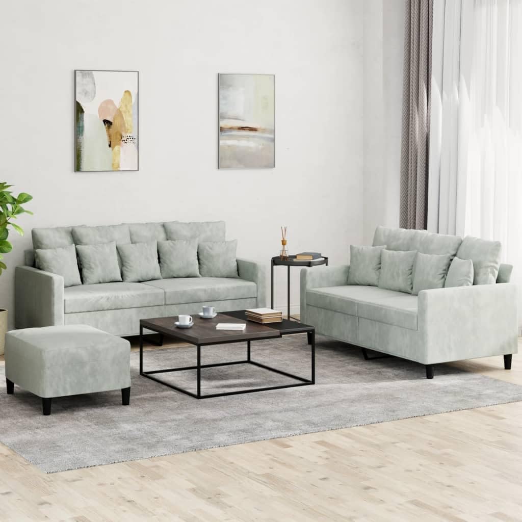 Willood 3-TLG. Sofagarnitur mit Kissen Dunkelgrau Samt,Sofa geeignet für Wohnzimmer, Sofa Set, mit Armlehnen und Kissen