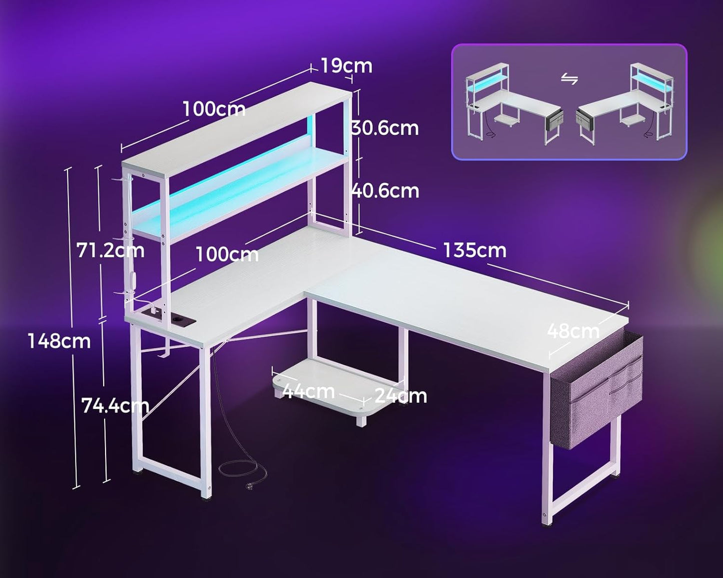 Coleshome Gaming Tisch L Form mit LED & Steckdosen, 135 × 100 cm Reversibel Gaming Schreibtisch mit Ablageregalen, Eckschreibtisch mit Aufbewahrungstasche für Homeoffice und Gaming, Schwarz