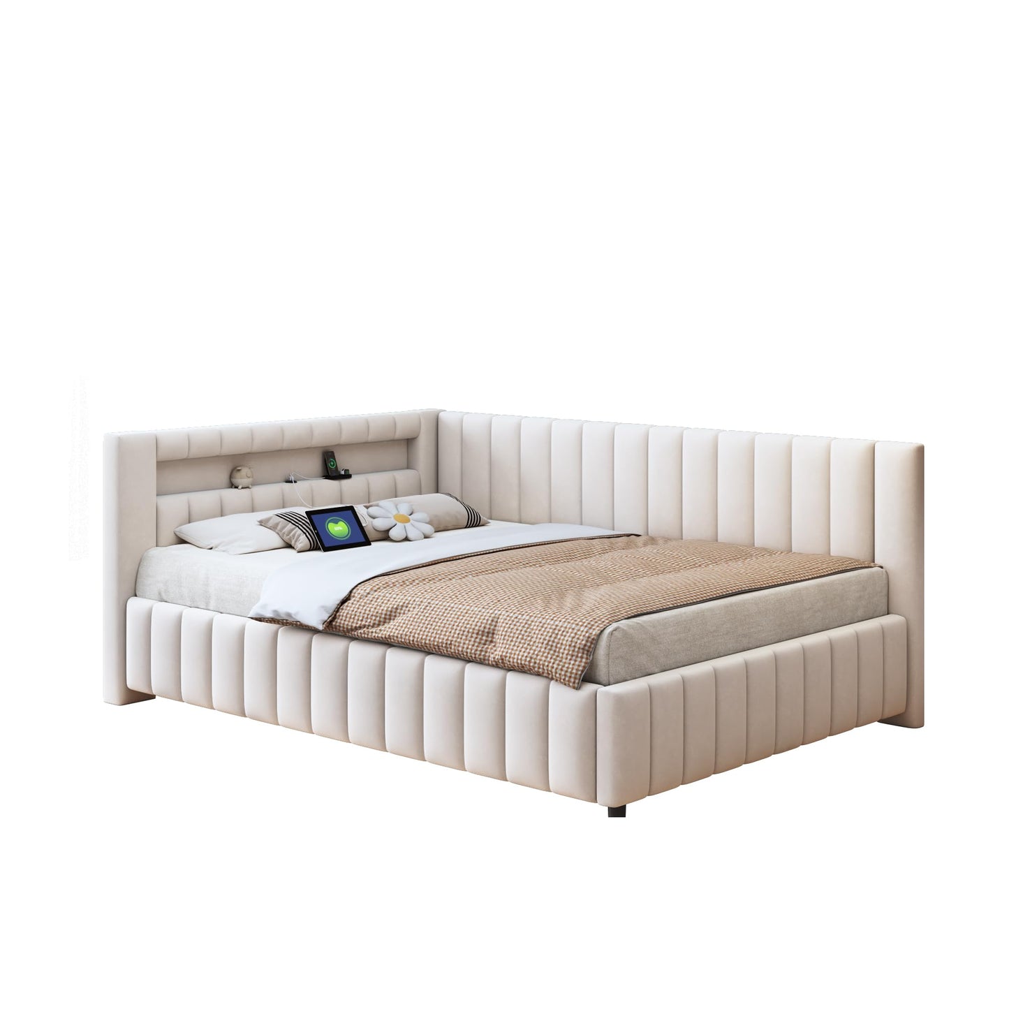 KEYIDE Upholstered Sofa Bed, 140 x 200 cm with LED Lighting and USB Charging, Bed Frame with Wooden Slatted Frame, Day Bed, Guest Bed, Youth Bed, Velvet Fabric, Without Mattress (Grey, 140 x 200)