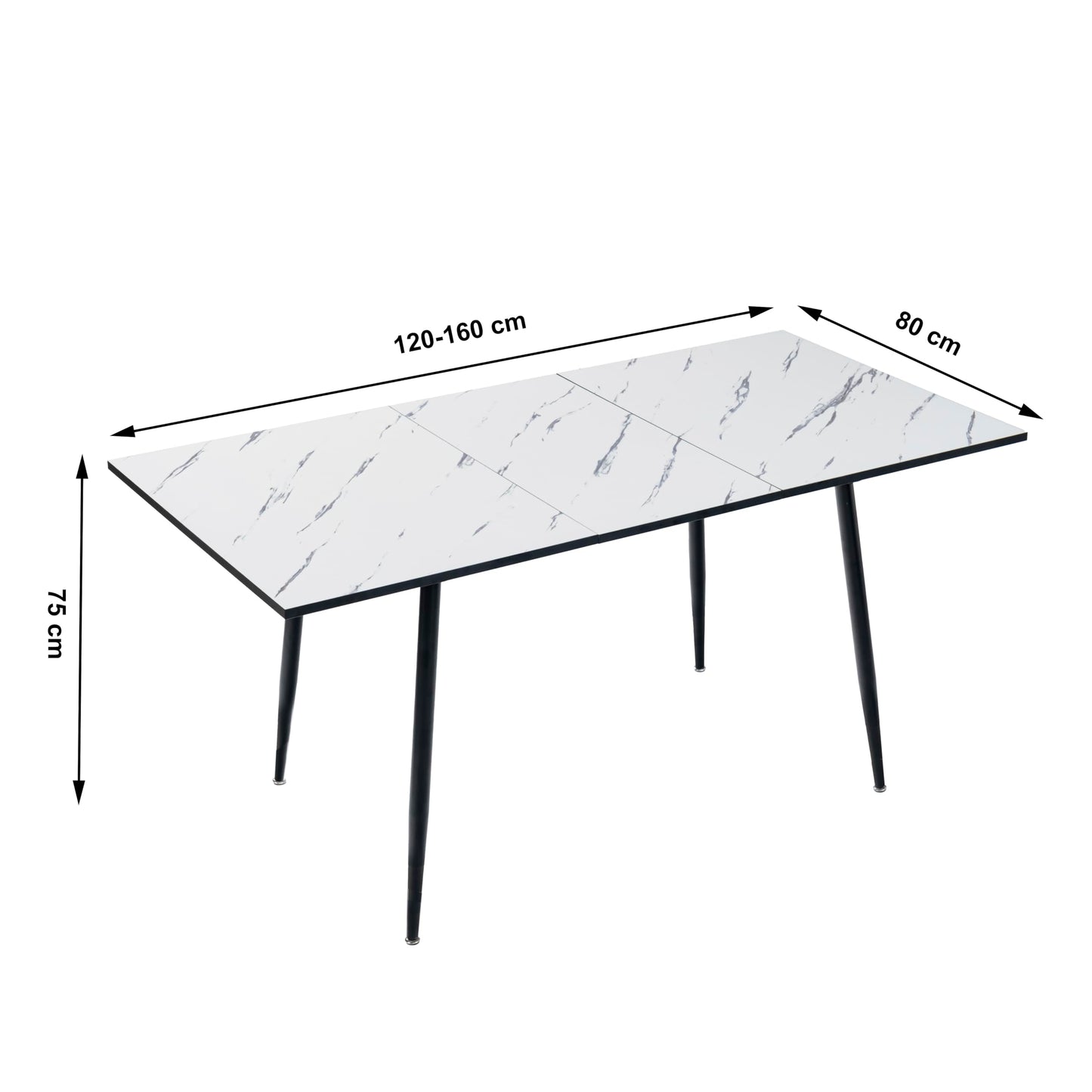FurnitureR Esstisch, ausziehbar, L-120 – 160 cm für 6 – 8 Personen, Elegantes Design, Tischplatte aus weißem Marmor, MDF mit Metallbeinen, vielseitig und minimalistisch, Küchentisch