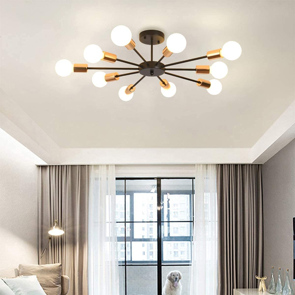 JIINOO 10 Lights Modern Chandelier Ceiling Light Gold Industrial Ceiling Lamp Medieval Semi Flush Mount Chandelier Ceiling Light for Kitchen Dining Room Living Room Bedroom Lighting