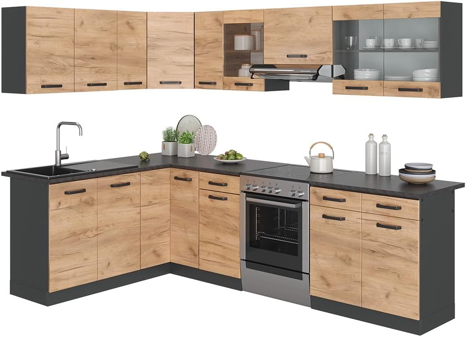 Vicco Kitchen Unit L 210 cm Kitchen Block Angle Corner Built-in Sonoma Oak - Freely Combinable Units - R-Line