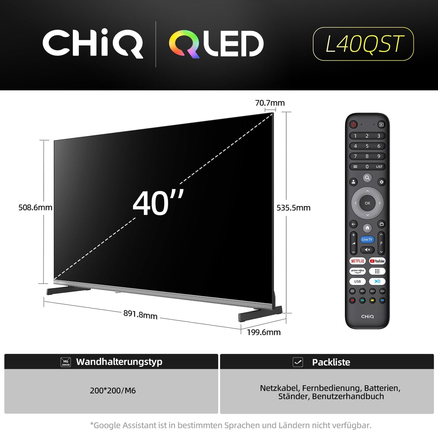 CHIQ L40FT 40 Zoll, Full HD, (100 cm) Smart Fernseher, HDR10, Dolby Audio & DBX-tv, Triple Tuner DVB-C/T2/S2, Integrierter Chromecast, Metall Randlos Design