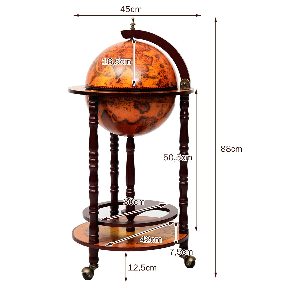RELAX4LIFE Globe Bar on Wheels, Bar Trolley with World Globe, Bar Table Solid Wood, Serving Trolley with Wine Bottle Holder, Mobile Cocktail Bar, Antique Look, Decorative Mini Bar Serving Table