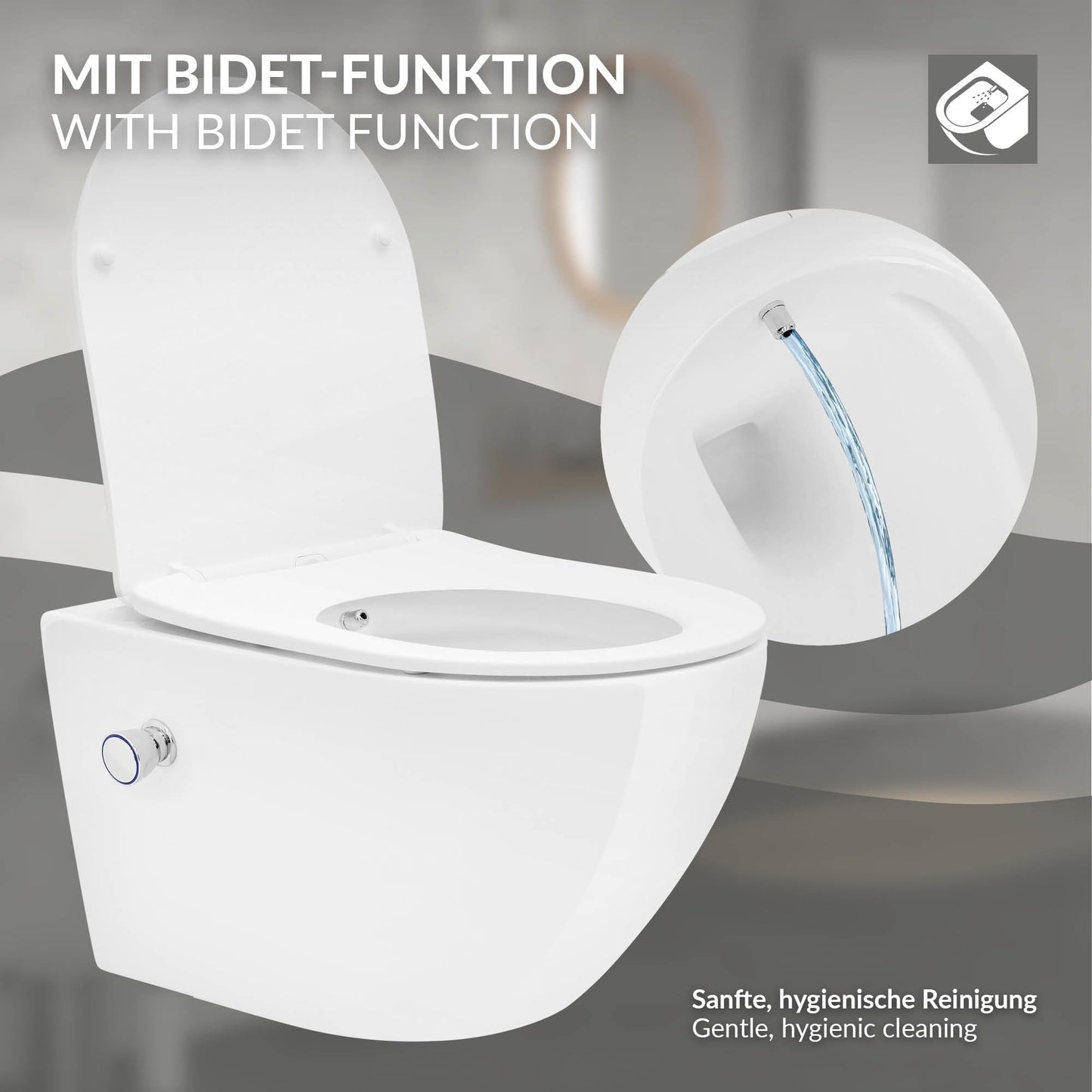 LuxeBath Wall-Mounted Toilet Rimless with Bidet Function, White, Deep Washdown Ceramic Hanging Toilet, Long 53.5 cm, Shower Toilet Nano Coating, Tornado Flush, Shiny Toilet Bowl Hanging with Toilet