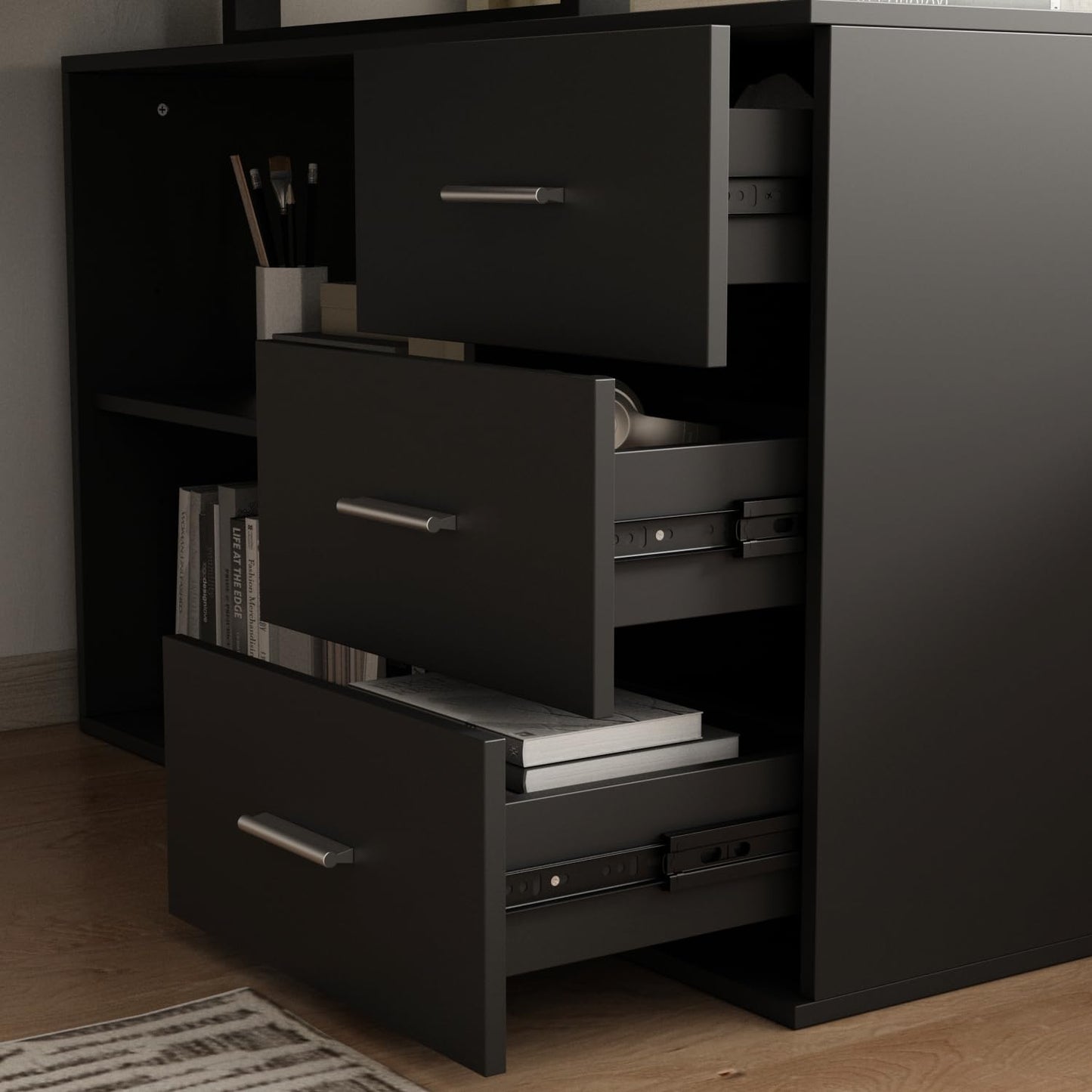 130cm Großer L Förm Schreibtisch mit 105cm Aktenschrank, Eckschreibtisch Computertisch mit 3 Schubladen & 2 Regalen, Arbeitsplatz Executive-Schreibtisch mit Lagerregal für Home Office (Schwarz)