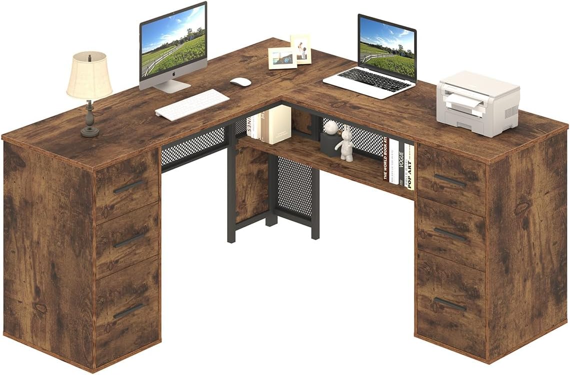 HSH - Black L Shape Corner Desk with Filing Drawers and Shelves, Reversible Corner Desk Made of Metal and Wood with Storage Cabinets