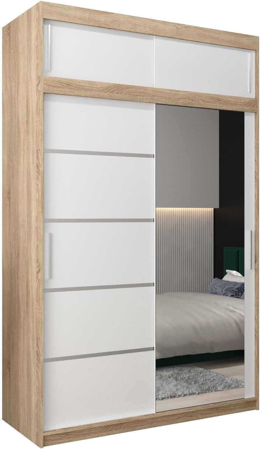 MEBLE KRYSPOL Kleiderschrank mit Spiegel Verona 2 - Garderobenschrank - Schrank Schlafzimmer - Mehrzweckschrank DREI Schiebetüren - Regalen - Flur Möbel - Kleiderstange Schrank - Allzweckschrank
