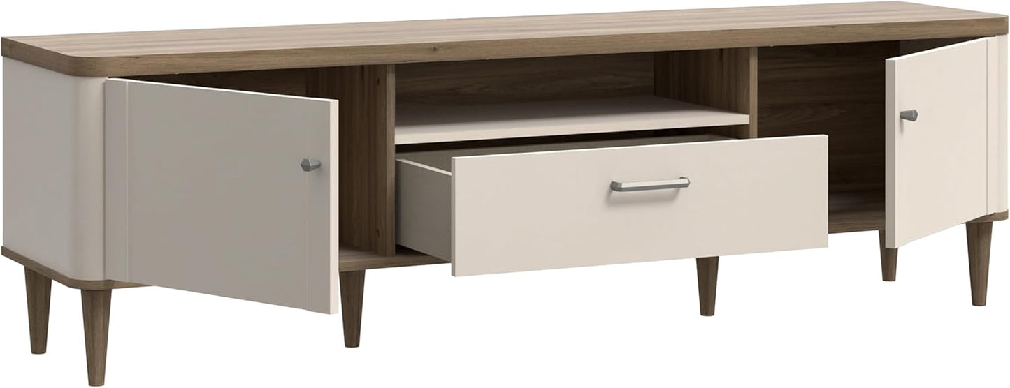 Forte Lacetti TV Cabinet 180, Modern Lowboard, Scandi Slats Design, 2 Doors, 1 Drawer, Wood Composite, Cashmere, Beige, Valencia Oak Wood Decor, 179.8 cm Wide x 53.3 cm High x 41.2 cm Deep